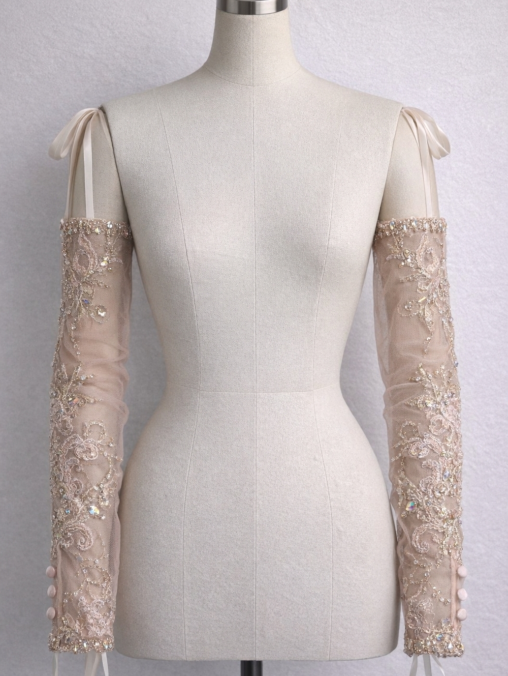Elegant Sheer Embroidered Gloves Sleeves Beaded Nude Pink